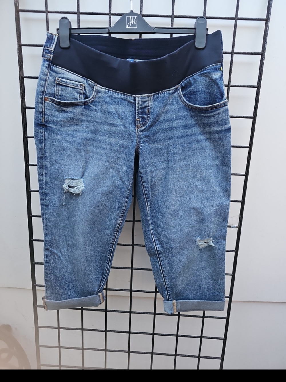 Old Navy Blue Distressed Maternity Capri Jeans with Black Waistband